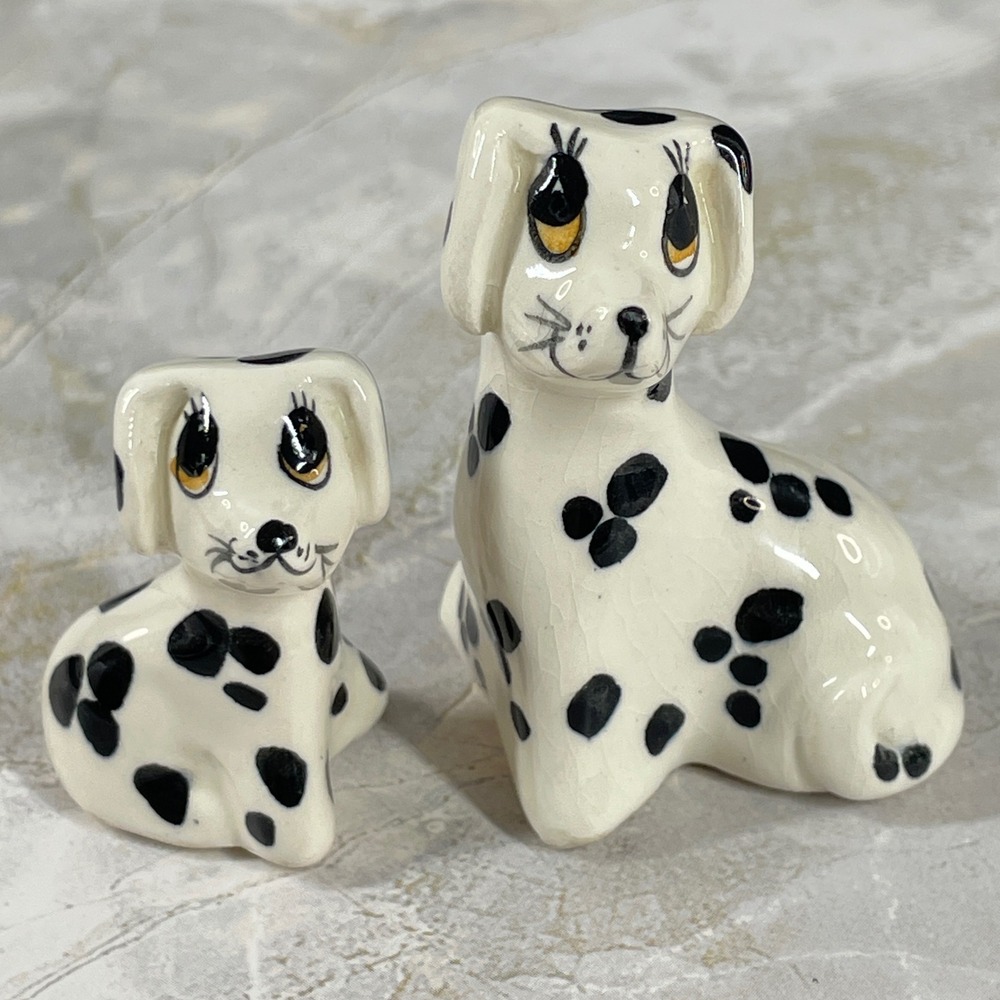 Vintage Ceramic Dalmatian Dog Figurines Set of 2 Black White Spotted Puppy Decor